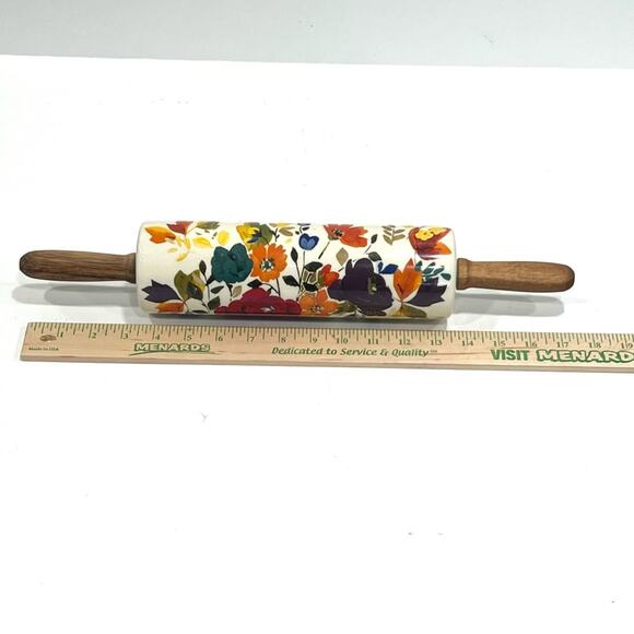 The Pioneer Woman Harvest Fall Flower Ceramic Rolling Pin w/ Acacia Handles - Picture 2 of 9